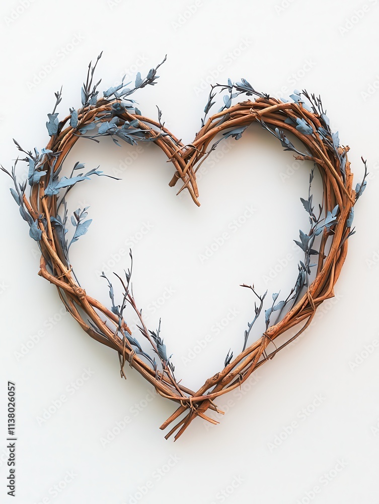 Fototapeta premium Woven heart-shaped wreath decorated with blue flowers and twigs.