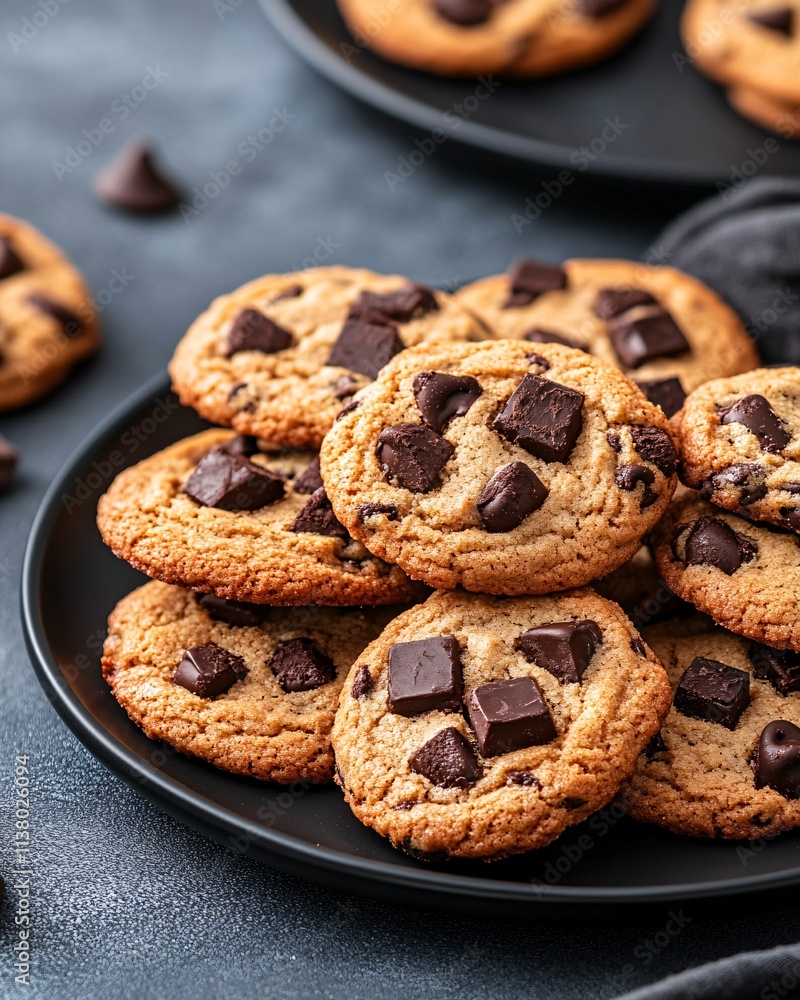 Chocolate Chip Cookies on Black Plate Chocolate Chip Cookies on Black Plate