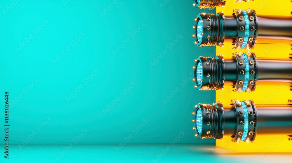 Industrial Connection Elements with Vibrant Blue and Yellow Background, Showcasing Mechanisms and Textures in a Contemporary Design Setting Industrial Connection Elements with Vibrant Blue and Yellow Background, Showcasing Mechanisms and Textures in a Contemporary Design Setting