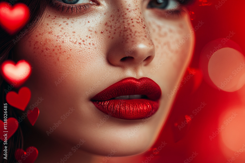 Fototapeta premium Celebrate love with a beautiful portrait showcasing red lips and heart motifs for Valentine's Day