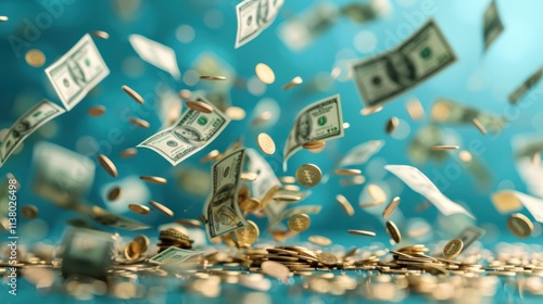 money saving concept, Bundles cash and floating coin isolate on blue background