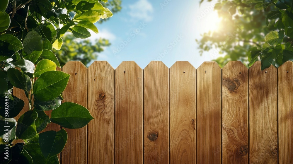 Fototapeta premium A Tranquil Backyard Scene Featuring a Wooden Fence Surrounded by Lush Greenery Under a Bright Blue Sky With Gentle Sunlight Filtering Through Leaves