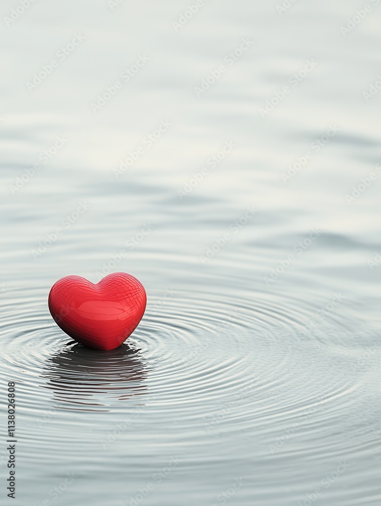 Fototapeta premium A red heart floats on calm water, creating gentle ripples around it.
