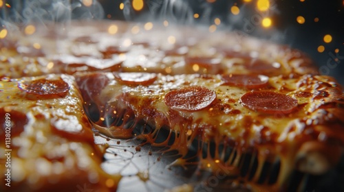 The pepperoni pizza with stretchy cheese looks colorful and delicious, with a hot steam