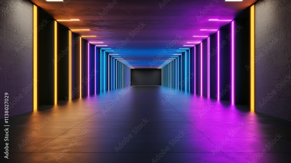 Vibrant and Futuristic Hallway with Colorful Neon Lights Illuminating a Concrete Interior in a Modern Urban Environment Vibrant and Futuristic Hallway with Colorful Neon Lights Illuminating a Concrete Interior in a Modern Urban Environment