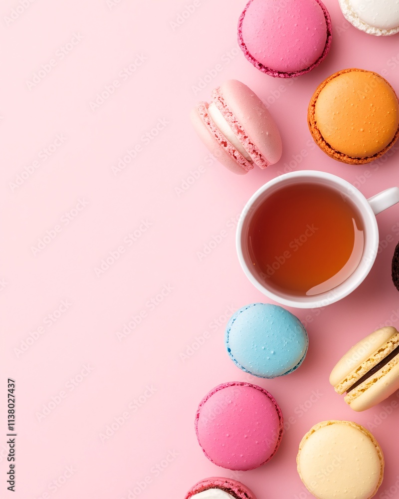 Fototapeta premium Colorful Macarons and Tea on Pink Background