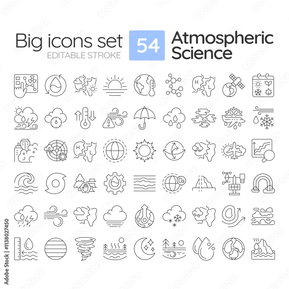 Atmospheric science linear icons set. Weather and climate studying. Natural phenomena observation. Customizable thin line symbols. Isolated vector outline illustrations. Editable stroke Atmospheric science linear icons set. Weather and climate studying. Natural phenomena observation. Customizable thin line symbols. Isolated vector outline illustrations. Editable stroke