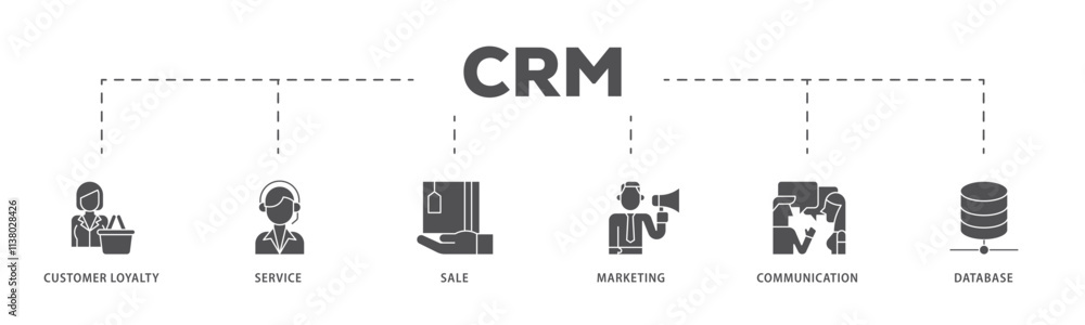 CRM infographic icon flow process which consists of customer loyalty, service, sale, marketing, communication, and database icon live stroke and easy to edit . CRM infographic icon flow process which consists of customer loyalty, service, sale, marketing, communication, and database icon live stroke and easy to edit .