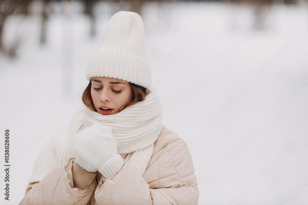 Obraz premium Young woman dressed coat scarf hat and mittens freezing winter weather at snowy winter park