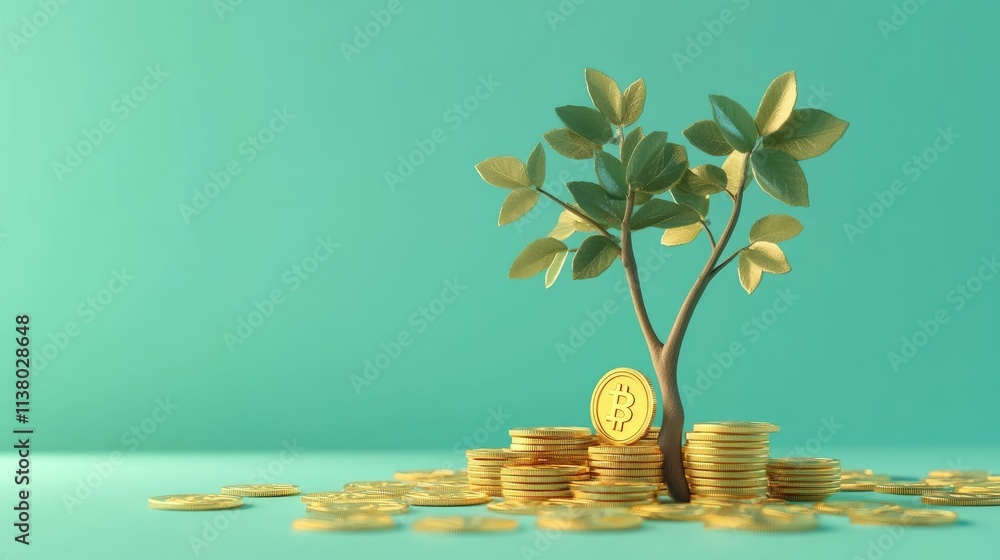 coins nurturing growth flat design side view renewable theme 3D render Complementary Color Scheme coins nurturing growth flat design side view renewable theme 3D render Complementary Color Scheme