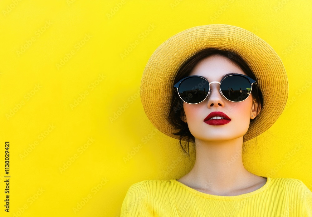A fashionable woman wearing sunglasses and a hat against a yellow city background, in the Miami style. A fashionable woman wearing sunglasses and a hat against a yellow city background, in the Miami style.