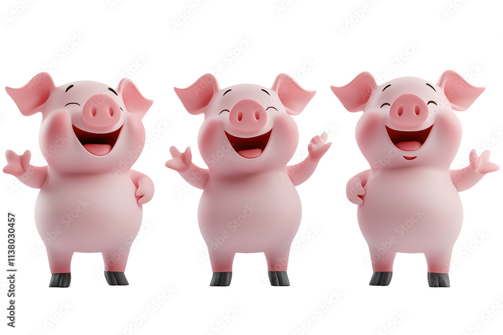 Three cheerful cartoon pigs, smiling and waving, showcasing playful expressions and vibrant colors. Ideal for children's themes and animations., isolated on transparent background, png Three cheerful cartoon pigs, smiling and waving, showcasing playful expressions and vibrant colors. Ideal for children's themes and animations., isolated on transparent background, png