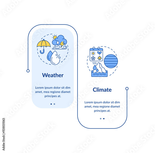 Climate vs weather rectangle infographic vector. Long and short term atmospheric phenomena patterns. Data visualization with 2 steps. Editable rectangular options chart. Lato-Bold, Regular fonts used