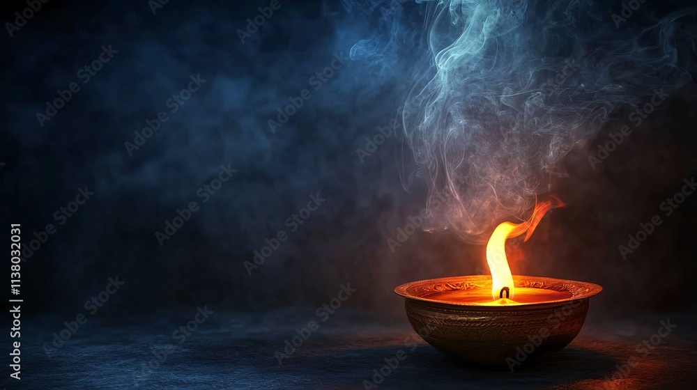 A serene image of a traditional oil lamp with a vibrant flame and swirling smoke against a dark, moody background.