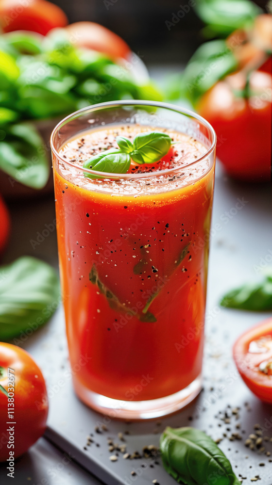 Spiced Tomato Juice Garnished with Basil - Health Concept Spiced Tomato Juice Garnished with Basil - Health Concept
