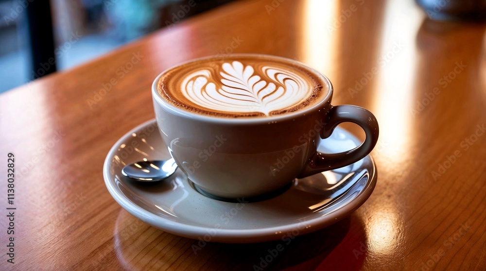 A close-up image of an intricately designed cappuccino in a coffee bar setting, showcasing latte art. The wooden counter adds a rustic charm A close-up image of an intricately designed cappuccino in a coffee bar setting, showcasing latte art. The wooden counter adds a rustic charm