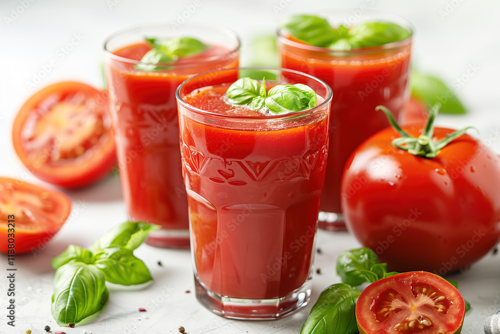 Glasses of Fresh Tomato Juice with Basil - Organic Beverage Concept Glasses of Fresh Tomato Juice with Basil - Organic Beverage Concept