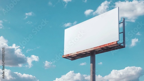 An empty billboard against a bright blue sky with fluffy clouds, highlighting an opportunity for advertising. photo