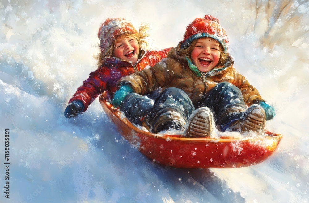 Two children laughing and sliding down on sleds in the snow Two children laughing and sliding down on sleds in the snow