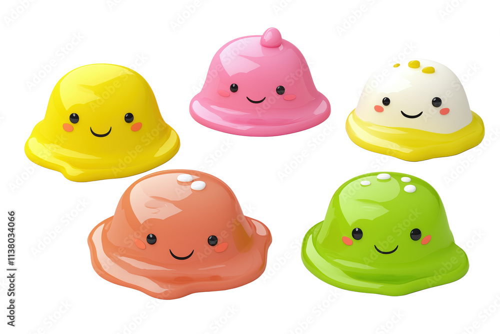 Colorful jelly desserts with cute faces, five vibrant jelly shapes in yellow, pink, white, orange, green, smiling expressions, glossy finish, isolated on transparent background, png Colorful jelly desserts with cute faces, five vibrant jelly shapes in yellow, pink, white, orange, green, smiling expressions, glossy finish, isolated on transparent background, png