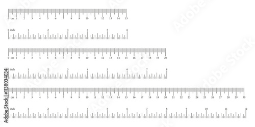 Measuring tools, scales icons. Inch, metric rulers. Scale for ruler in centimeters, inches. Metrics indicators cm, inch.