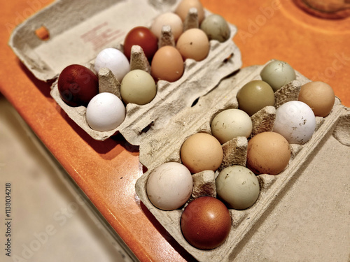 eggs from several types of hens. various shades from brown to white. even greenish eggs in a paper bag from the farm photo