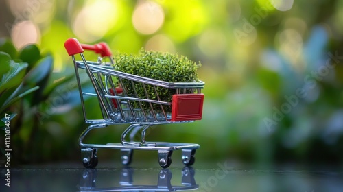 Miniature shopping cart filled with green plant, representing sustainable shopping. photo