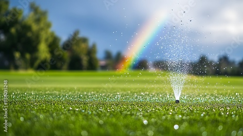 Sprinkler watering a vibrant green golf course lawn under a rainbow.