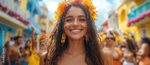 Happy woman with flower crown at vibrant street parade.