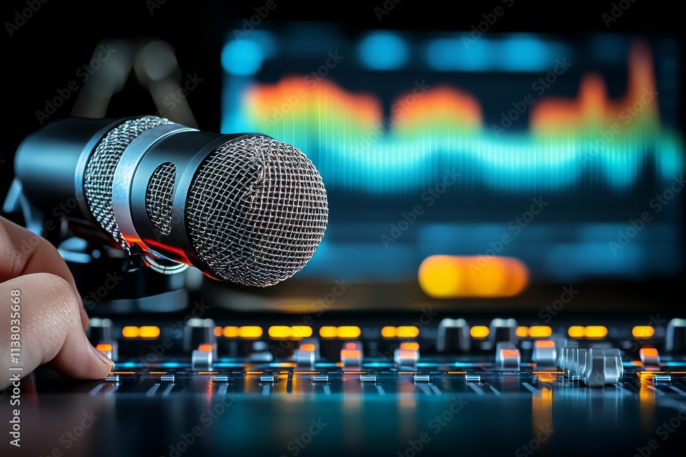 Recording session with microphone and audio mixer displaying sound waves at a music studio Recording session with microphone and audio mixer displaying sound waves at a music studio