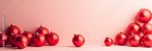 Red balls of various sizes adorn a soft pastel colored background at this festive Christmas event celebration concept._00002_ photo