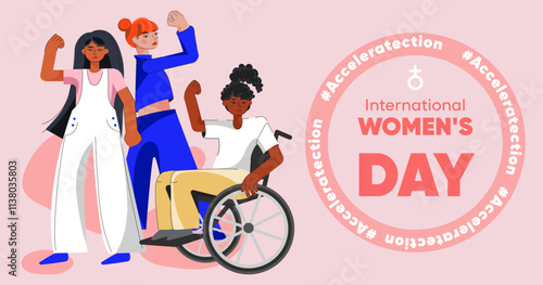 International Women's Day. Accelerate Action and 8th March concept banner. Women of different nationalities and women with inclusion together. Accelerate Action concept IWD 2025 Campaign.Vector