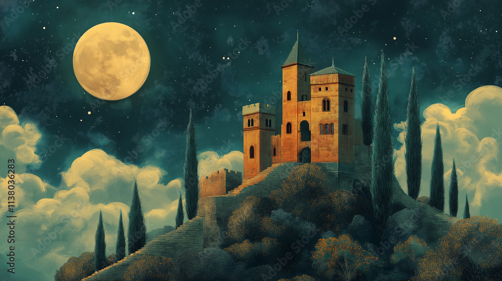 Naklejka premium 美しい城と月夜のファンタジーイラスト,幻想的,挿絵,ゲーム,背景