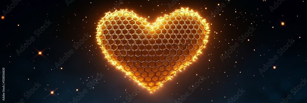 A glowing golden heart with a honeycomb pattern, surrounded by warm sparkling lights on a dark background A glowing golden heart with a honeycomb pattern, surrounded by warm sparkling lights on a dark background