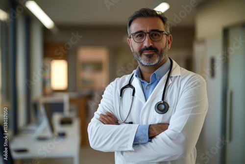 A handsome Middle Eastern doctor standing in a modern clinic, wearing a white coat and glasses with a stethoscope around his neck.