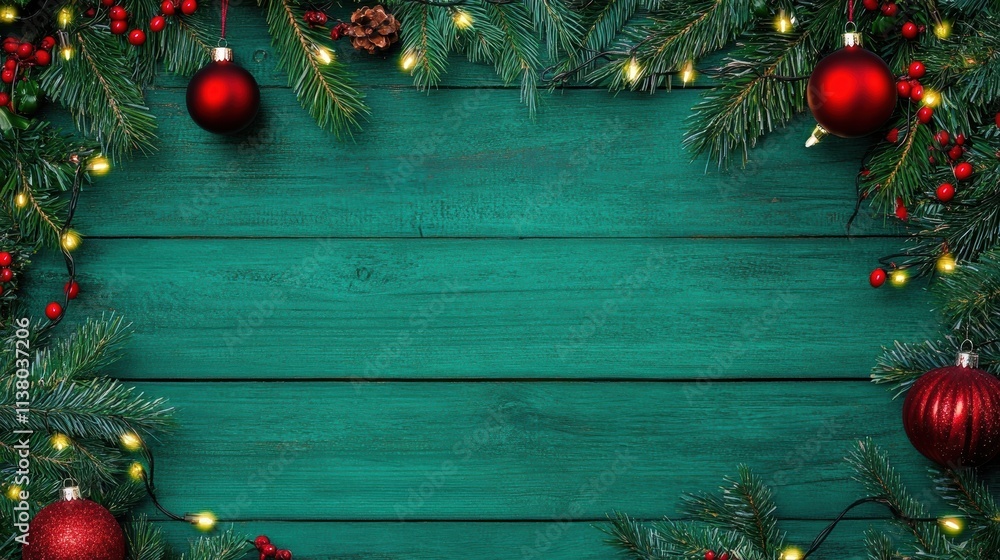 Festive holiday frame with green wooden background, red ornaments, and pine branches, perfect for Christmas designs. Festive holiday frame with green wooden background, red ornaments, and pine branches, perfect for Christmas designs.