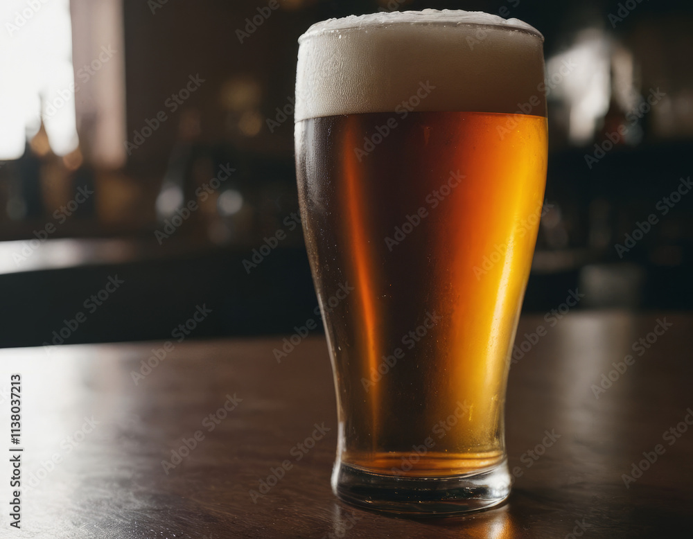 A tall glass of beer standing alone, its golden liquid glowing softly. A tall glass of beer standing alone, its golden liquid glowing softly.