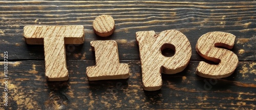 Wooden letters spelling tips on a rustic wooden surface, ideal for advice, guidance, and educational concepts. photo