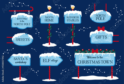 Set of Christmas signs, road signs, pointers. North Pole and Santa Claus Village welcome Signs. Illustration vector clipart.
