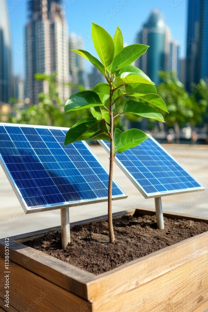 Fototapeta premium Innovative green technology promotes sustainability through solar energy and urban gardening in a city skyline setting