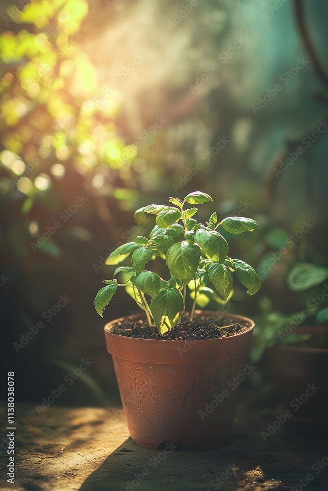 A potted, fresh basil plant in an outdoor garden setting, surrounded by other plants and the sun shining through a nearby window, creating a soft light on its leaves. A potted, fresh basil plant in an outdoor garden setting, surrounded by other plants and the sun shining through a nearby window, creating a soft light on its leaves.
