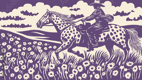 Cowboy riding a horse across the prairie, engraving style, vector illustration.