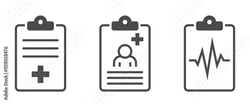 Patient report card icons. Medical history symbols. Medicine and health care isolated vector images in simple style
