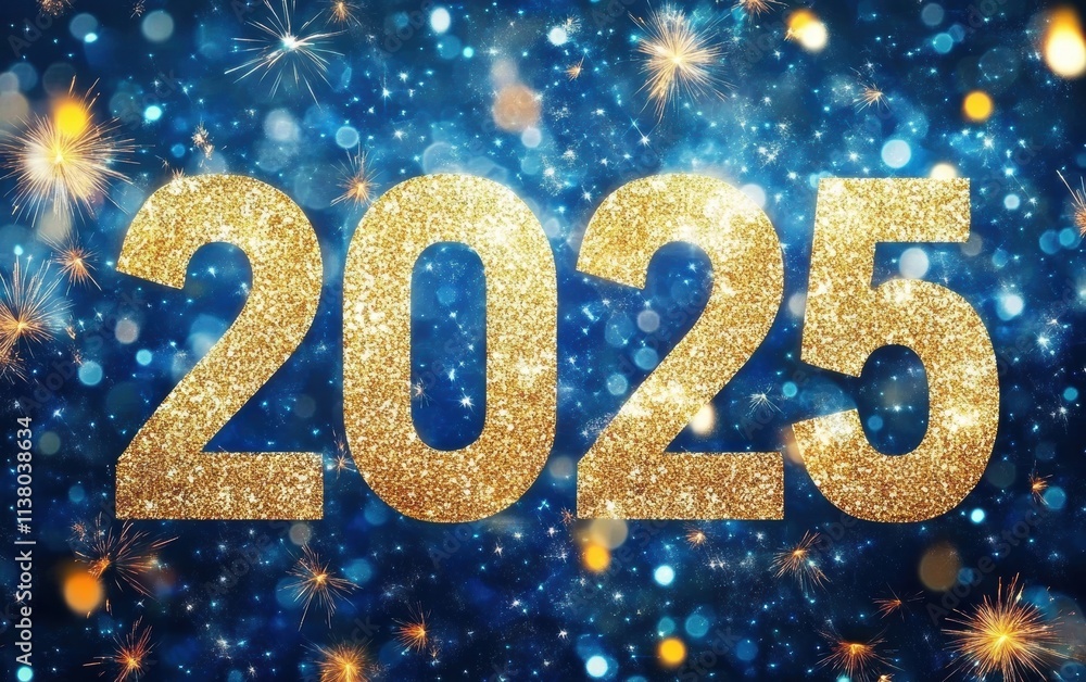 Celebrate the New Year 2025 with sparkling golden numbers against a festive blue background filled with lights. Celebrate the New Year 2025 with sparkling golden numbers against a festive blue background filled with lights.