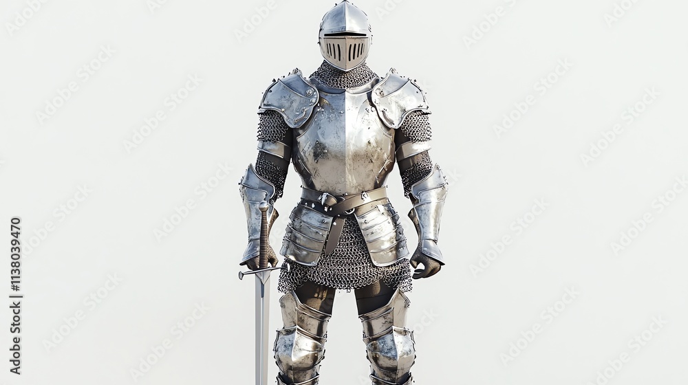 A knight in shining armor stands with his sword drawn. A knight in shining armor stands with his sword drawn.