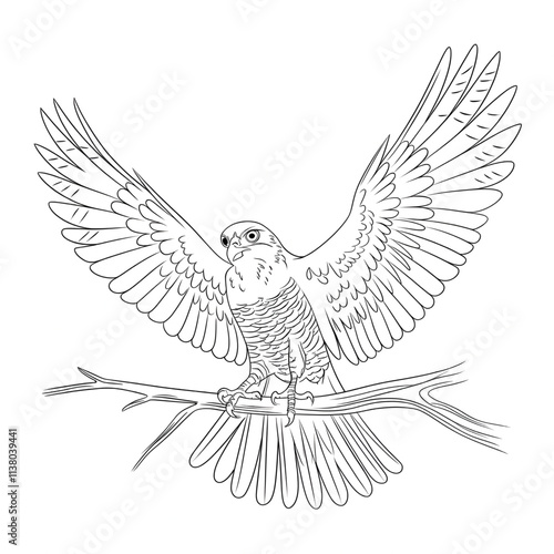 A line art black and white coloring page of a bird of prey  photo