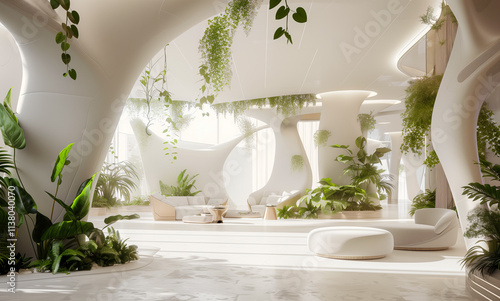 A modern open office space with greenery atmospher and ecofriendly design, showcasing an organic modern style. photo