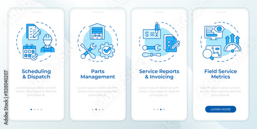 Key components of FSM blue onboarding mobile app screen. Walkthrough 4 steps editable graphic instructions with linear concepts. UI, UX, GUI template. Montserrat SemiBold, Regular fonts used