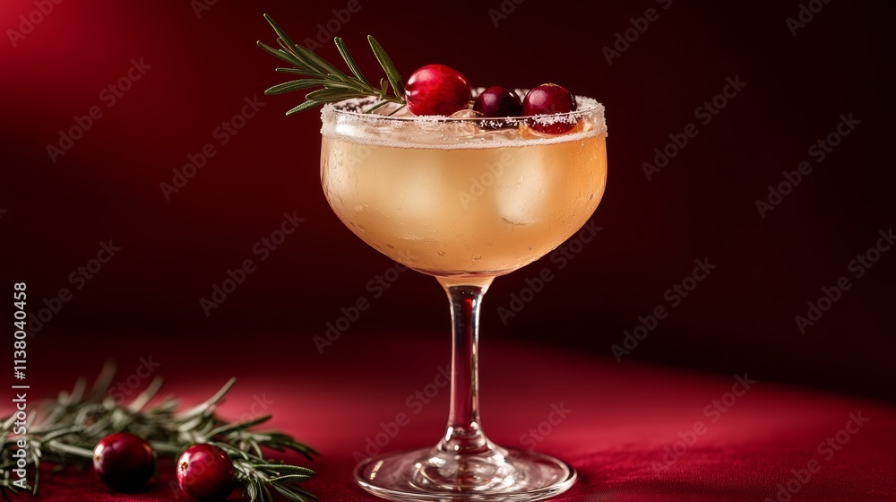 A photo of a Moscato spritz cocktail with ice, cranberry, and rosemary garnish in a glass on a dark red background. A photo of a Moscato spritz cocktail with ice, cranberry, and rosemary garnish in a glass on a dark red background.