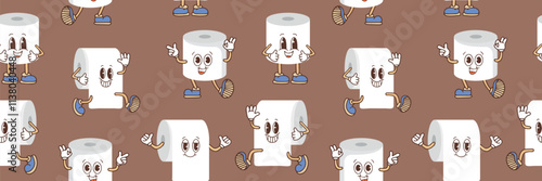 Seamless pattern of toilet paper rolls in different positions. Brown poop illustration. Toilet and bathroom element. Hygiene and sanitation. Background of the color of the year 2025 Mocha Mousse.
